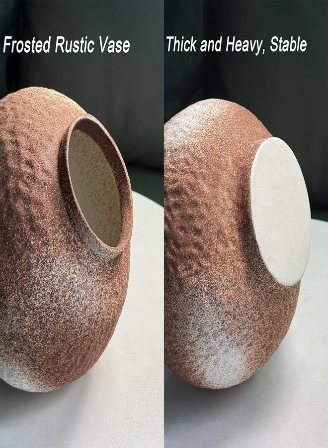 GeLive Round Hammered Finish Rustic Pottery Vase, Handmade Ceramic Flower Vase for Home Decor, Farmhouse Centerpiece Moon Jar Vase (Brown, 7inch) - Image 3